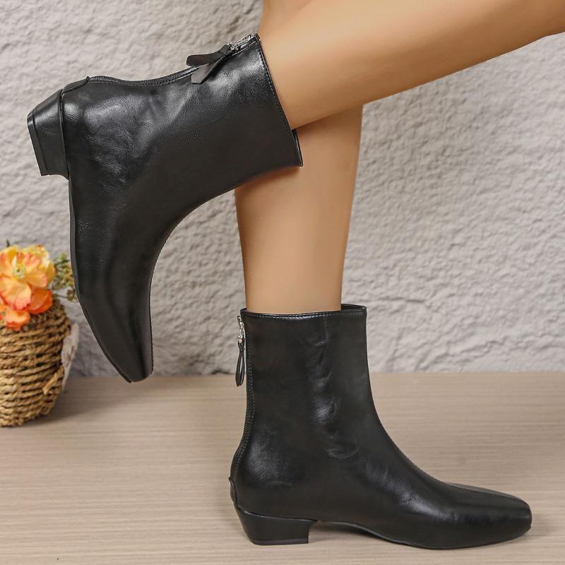 Back Zip Booties Fashion Square Toe Spliced Soft Sole Anti-Slip Wear-Resistant Block Heel Single Boots