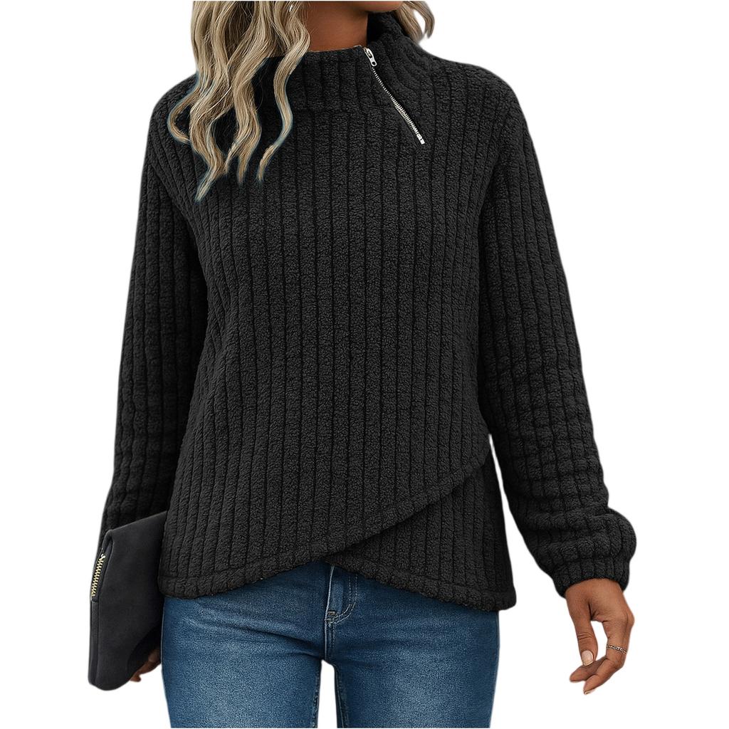 Women's Fashionable Solid Color Round Neck Long Sleeved Pullover Zipper Warm Casual Loose Sweatshirt Top