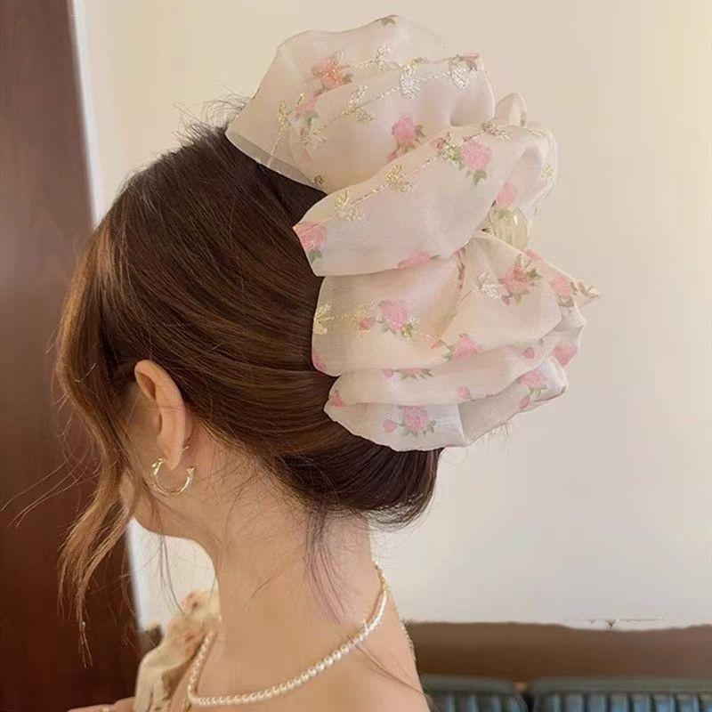 Elegant Floral Mesh Bow Claw Clip - Large Cloud Bubble Hair Accessory for Women