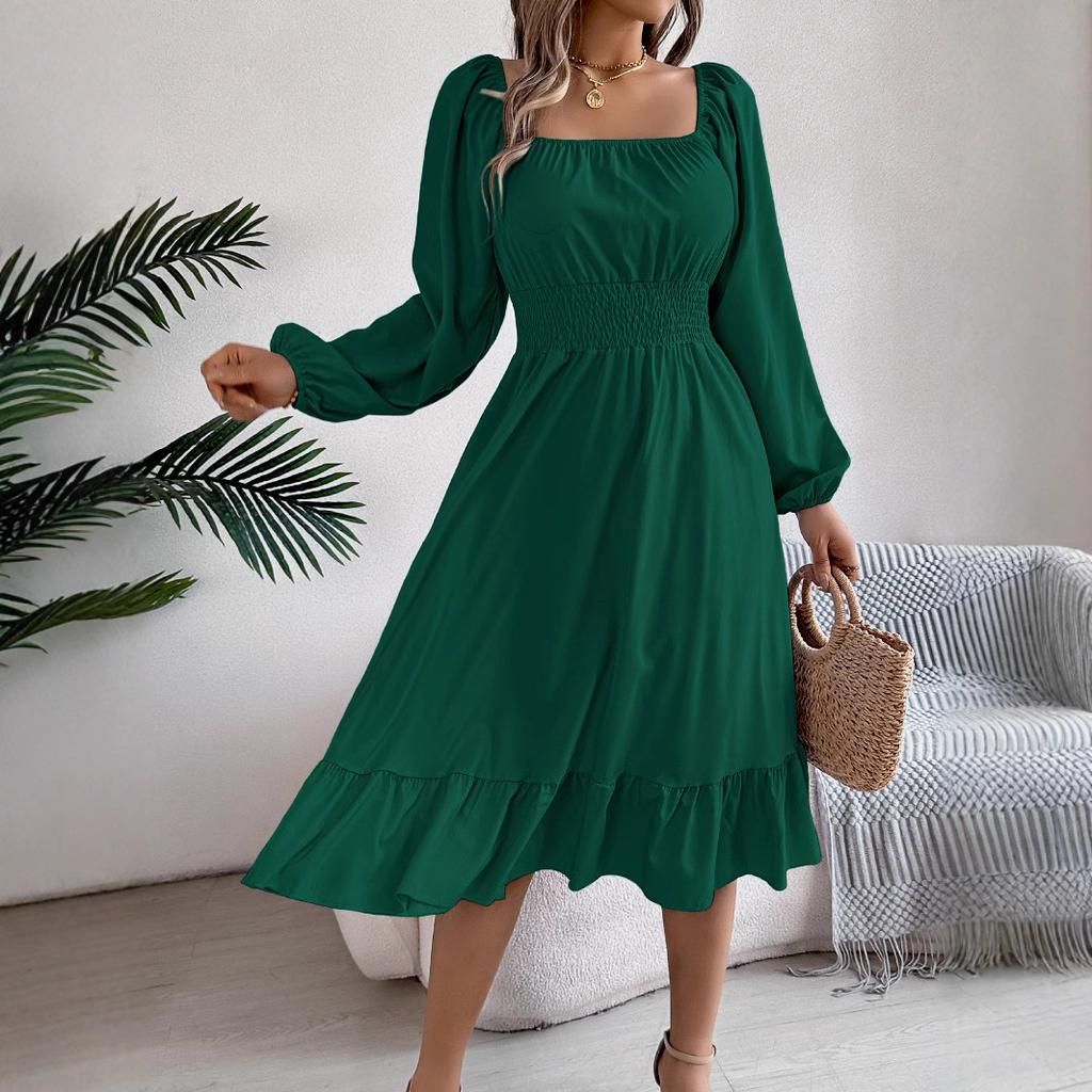 Autumn and Winter Casual Elegant Solid Color Round Neck Long Sleeved Waist Cinched Lotus Leaf Edge Dress Women Clothing