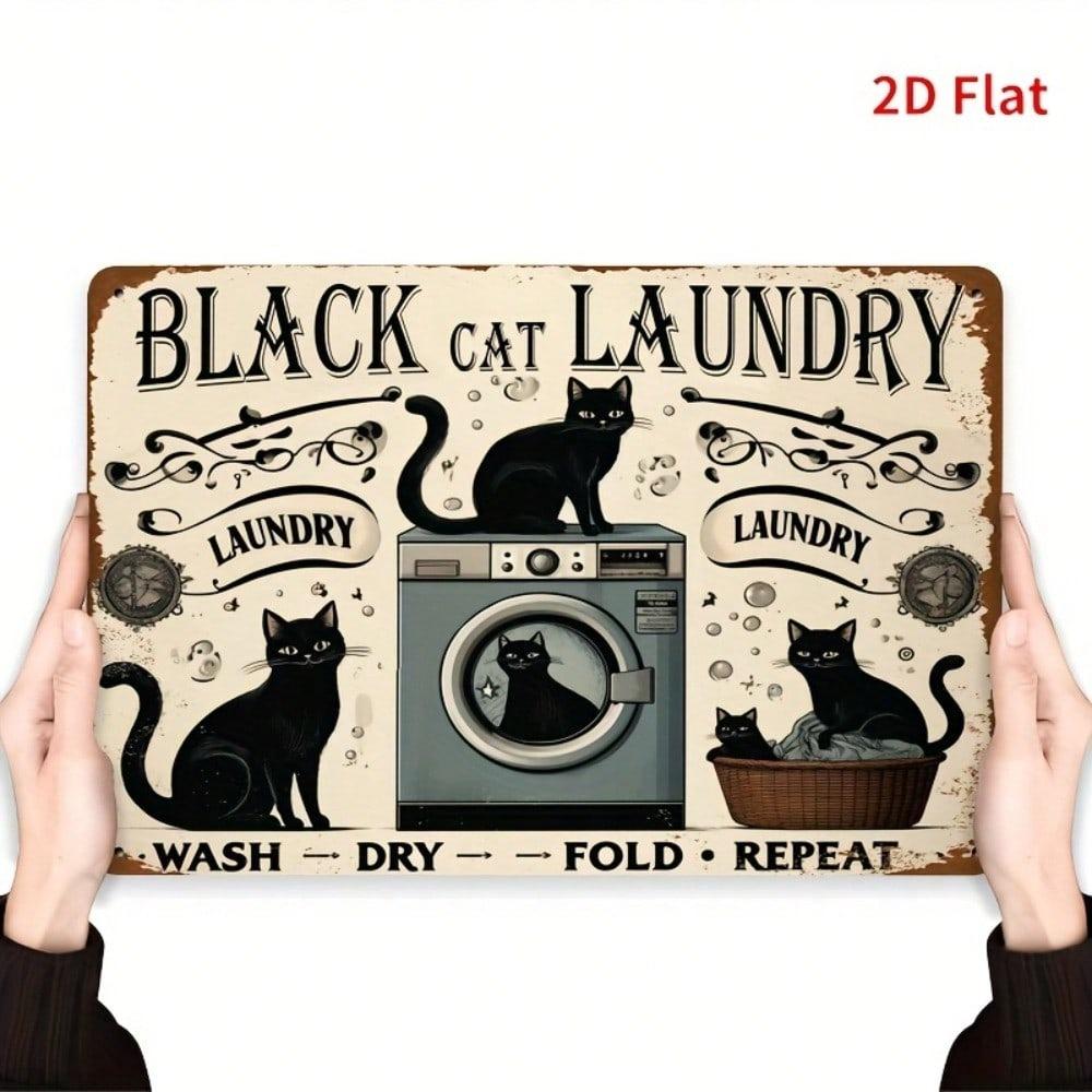 Metal Wall Art Black Cat Vintage Laundry Sign 8x12 Inch Outdoor