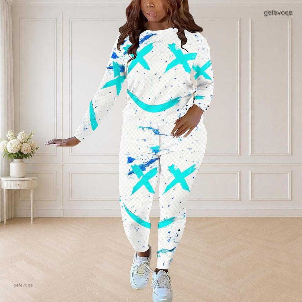 Women Plus Size Round Neck Long Sleeve Printed Blue Pink White Top And Fitted Pants Two Piece Set