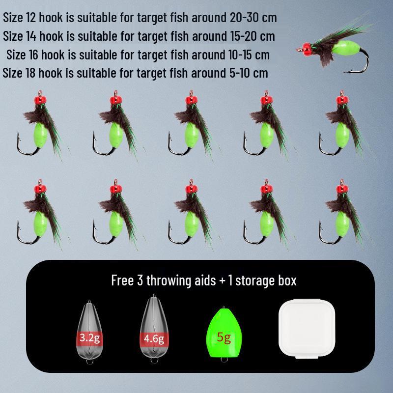 Set de Anzuelos Luminosos para Mosquitos y Moscas: Montaje de Jurel Rayado Blanco con Señuelo de Pluma y Cebo Imitación Semilla de Melón