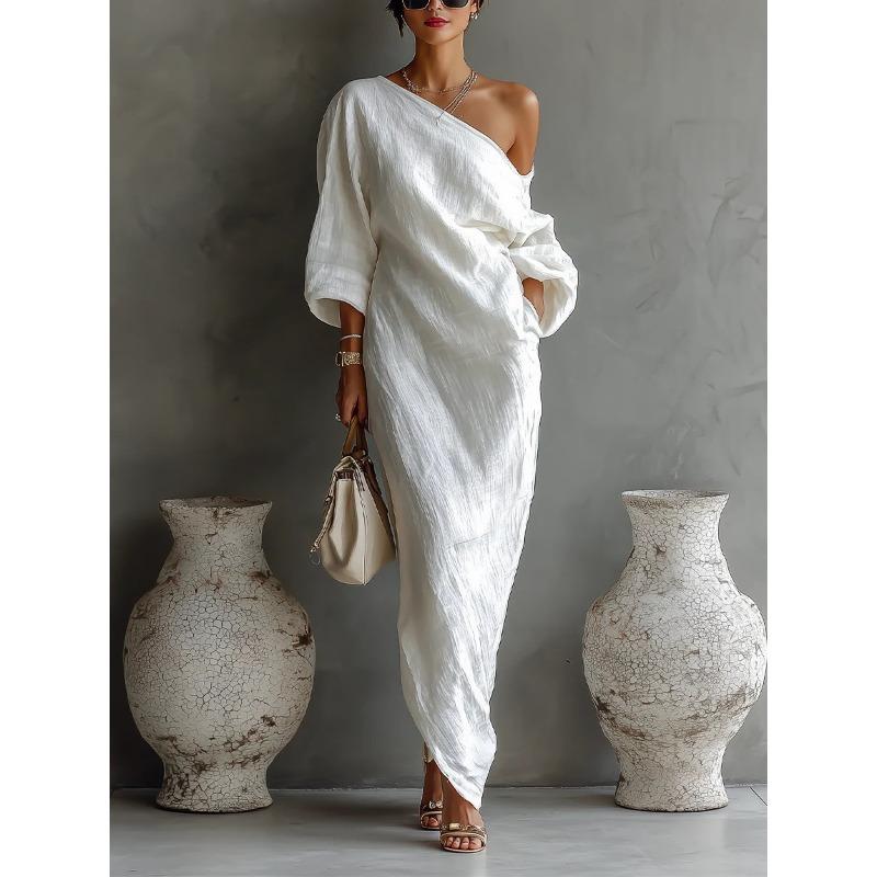 IHUASU Fashion Summer Spring Solid Color Print Long Sleeve Casual Dresses