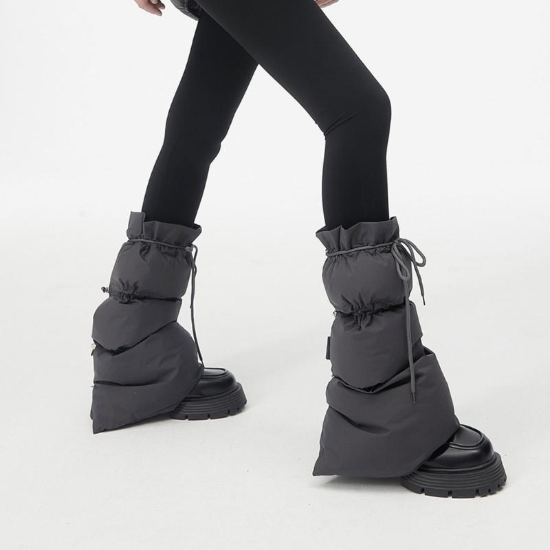 Women Winter Padded Puffer Leg Warmers for Outdoor Work and Sports Adjustable Drawstring Flared Boot Covers Long Socks