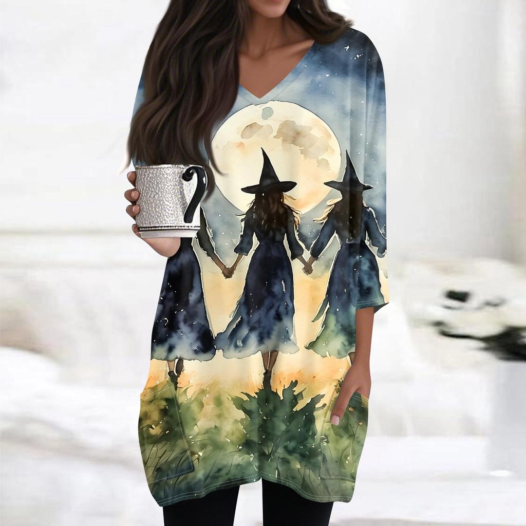 Women's Halloween Print V-Neck Tunic Top with Pockets 3/4 Sleeve for Casual Fall Wear
