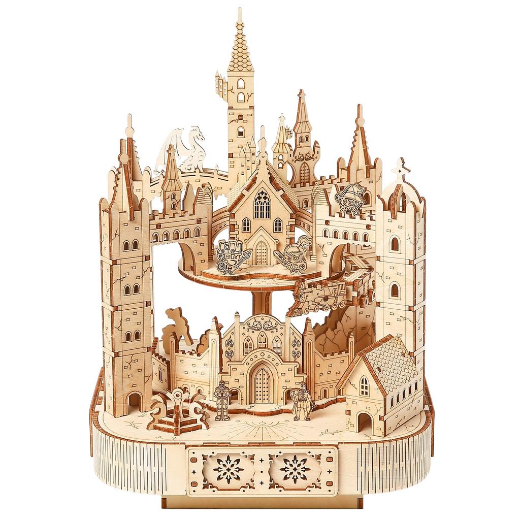 Hallisun Adult 3D Wooden Puzzle with Music Magic Castle Rotating Train Building Model DIY Assembly Mechanical Building Craft for Boys and Girls