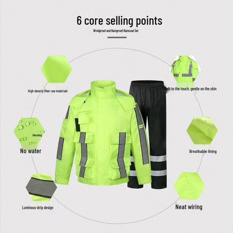 Stormproof Reflective Raincoat Workwear Set - Double-Layer Waterproof Two-Piece for Outdoor Traffic Duty
