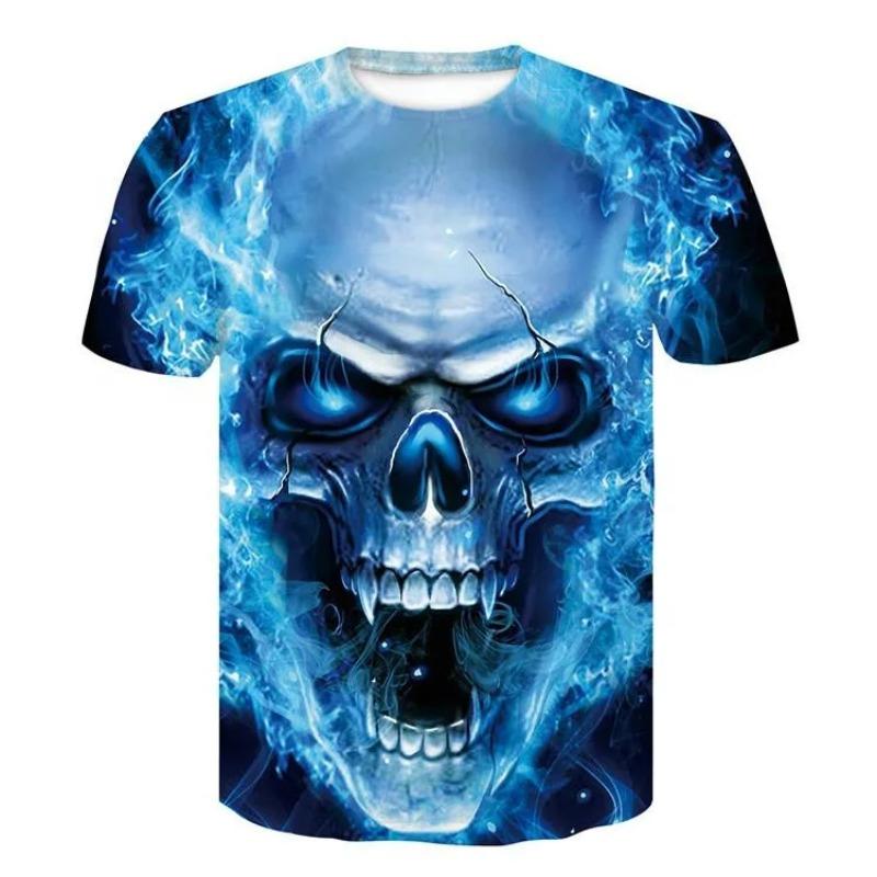 Tricou cu model craniu imprimat 3D, de vară, pentru bărbați, stil hip hop stradal, top supradimensionat, confortabil, casual, cu gât rotund