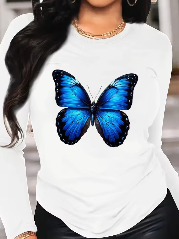 (Asian Size) Tee O-neck Print Autumn Winter Spring Women Clothing 90s Butterfly Trend Casual Long Sleeve T Shirt Fashion Top Graphic T-shirts
