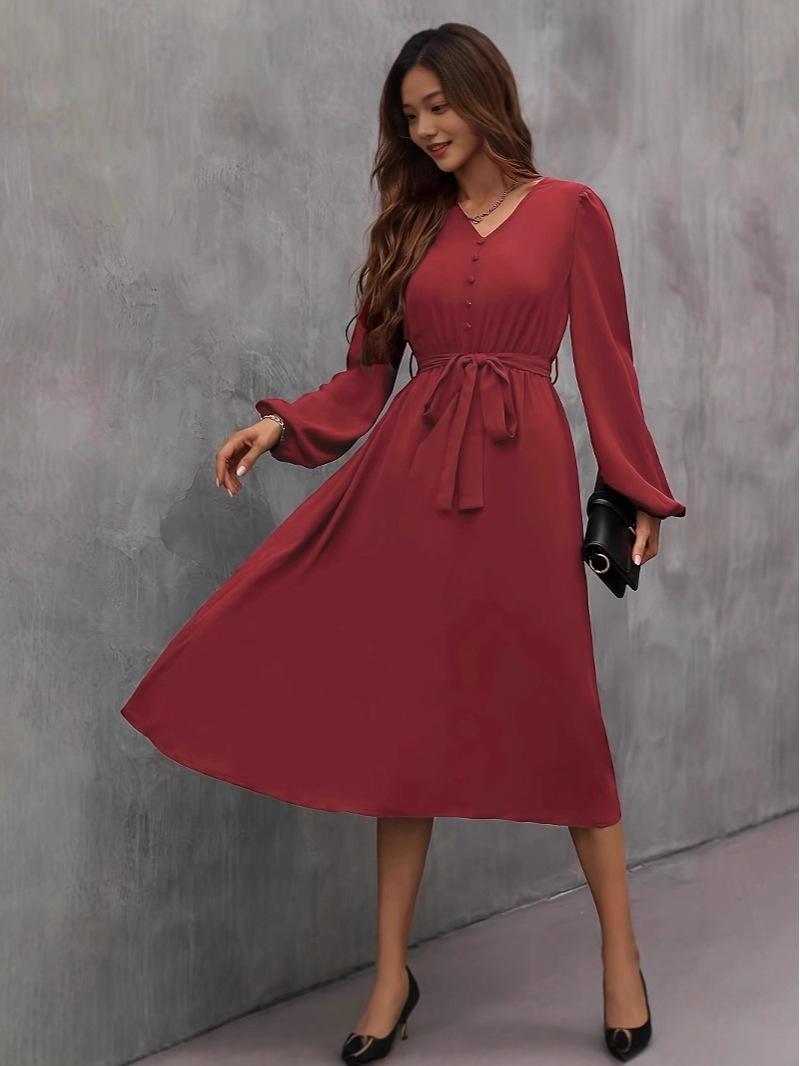 

Элегантное платье с V-образным вырезом, приталенное, на шнуровке, с длинными рукавами Small вино красного