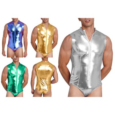 Pánský lesklý metalický body s rolákem bez rukávů na zip Jednodílný plavky Clubwear