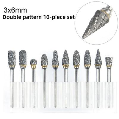 Tungsten Carbide Rotary Burr Set 10pcs Carving Burr Bits with 3mm Shank 6mm Bit for Wood & Stone Carving, Steel Metal Working
