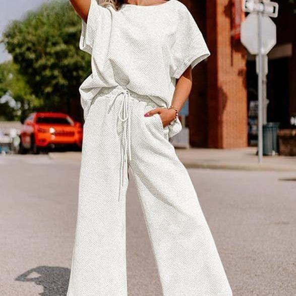 Damenmode Casual Sommer Frühling Einfarbig Druck Kurzarm O-Ausschnitt Hosen Hosen Anzüge