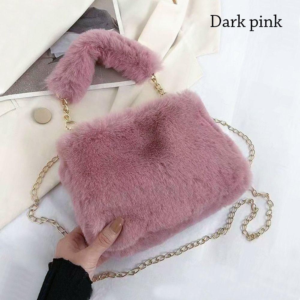 Fashi Women Fluffy Shoulder Bags Female Winter Chain Underarm Bag Solid Color Handbag Soft Plush Handle Bag