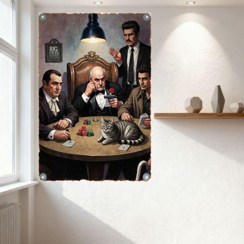 Vintage Mafia Poker Game Metal Tin Sign, Dimly Lit Room Striped Tabby Cat On Table, Gangster Tuxedo Men with Gun, Big Ops Sign W