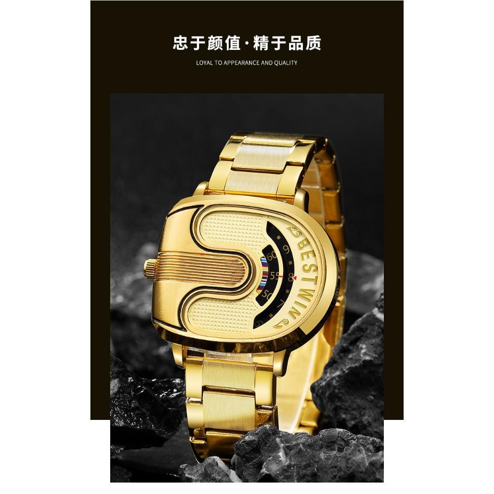 Fashion Men Irregular Tonneau Shape Quartz Watch Creative Rotating Dial Stainless Steel Bracelet Wristwatch