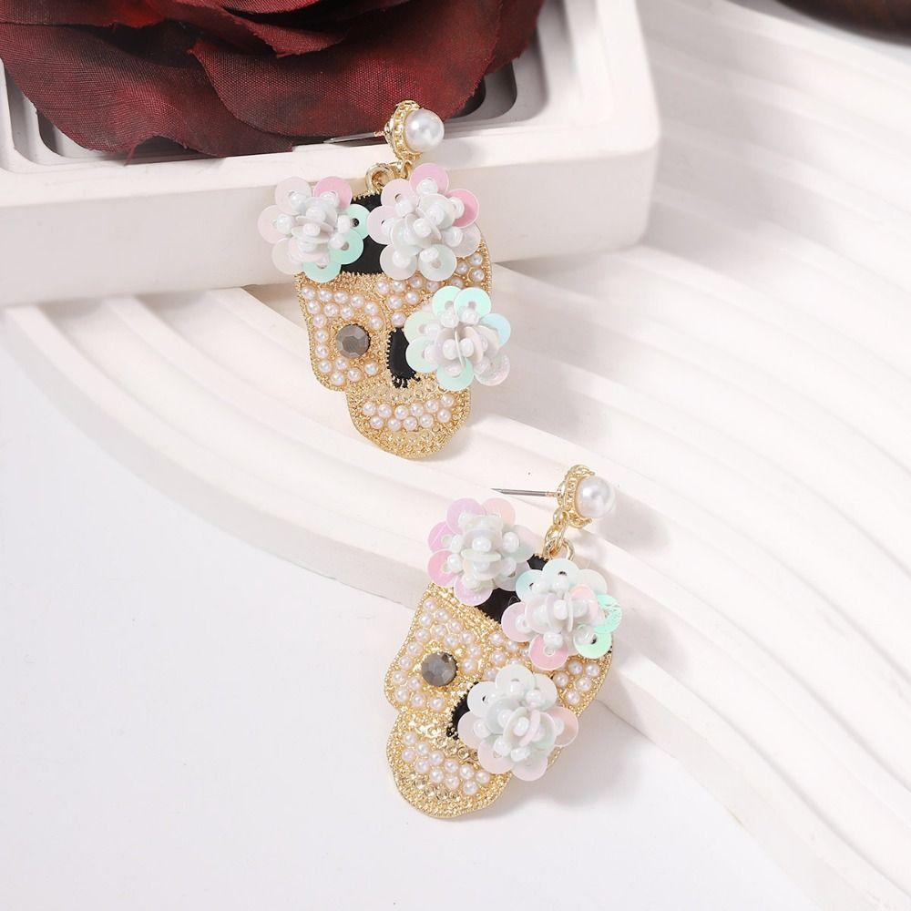 Personality Zircon Encrusted Skull Earrings Rhinestone Glitter Skeleton Stud Earrings  Halloween