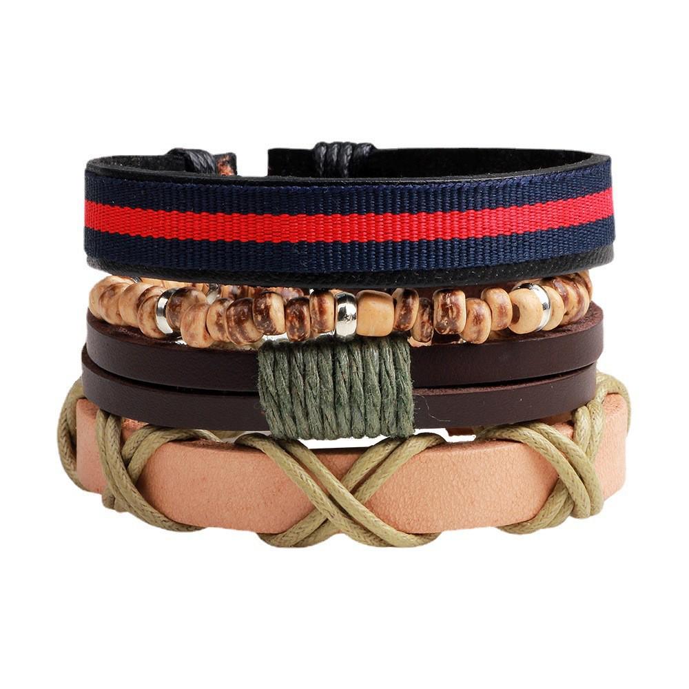 Men's Retro Multi-Strand Cowhide Anchor Bracelet Set with Wood Beads