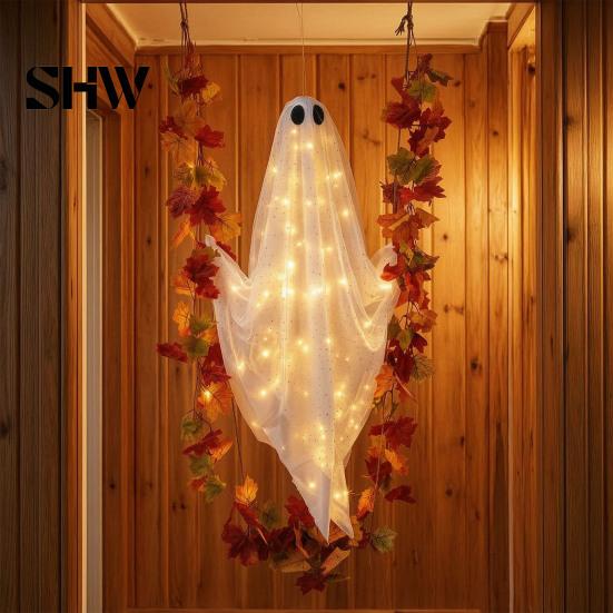Geheimnisvolle Feiertagsfensterdekorationen Schwingender Geist Außen Dekoration, Große Halloween Hänge mit Ahornblatt Spukbaum Schmuck Ranken Lichter