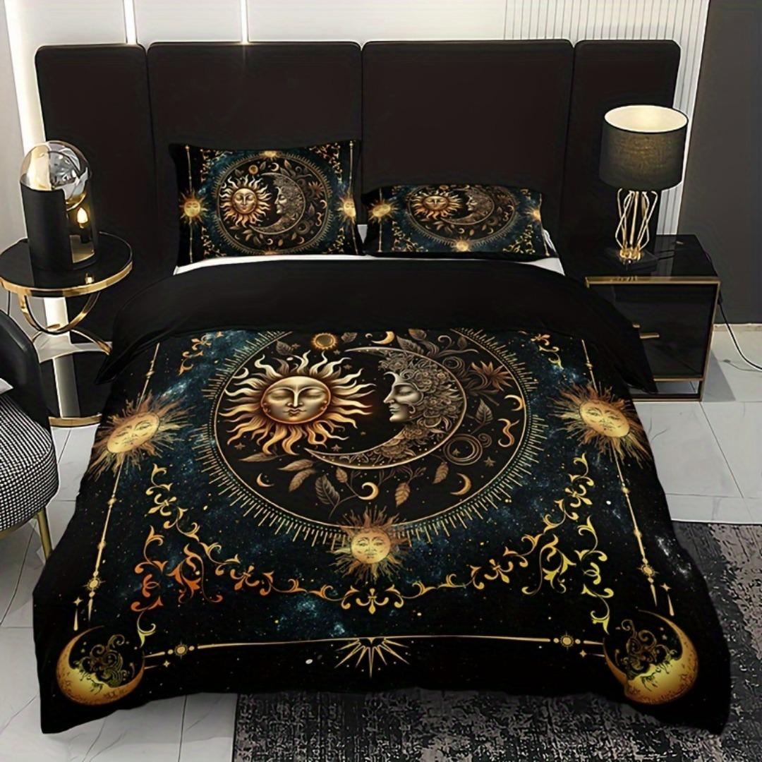 

Celestial Digital Printed Bedding Set Son Moon Duvet Cover Set Breathable Fabric Golden Astrological Design King Queen Twin Size cot size 70x133cm