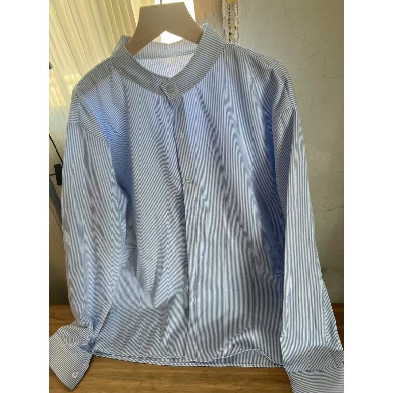 Camisa Masculina e Feminina Listrada Azul e Branco Gola Mandarim Oversized Manga Longa Casual Top Cardigan