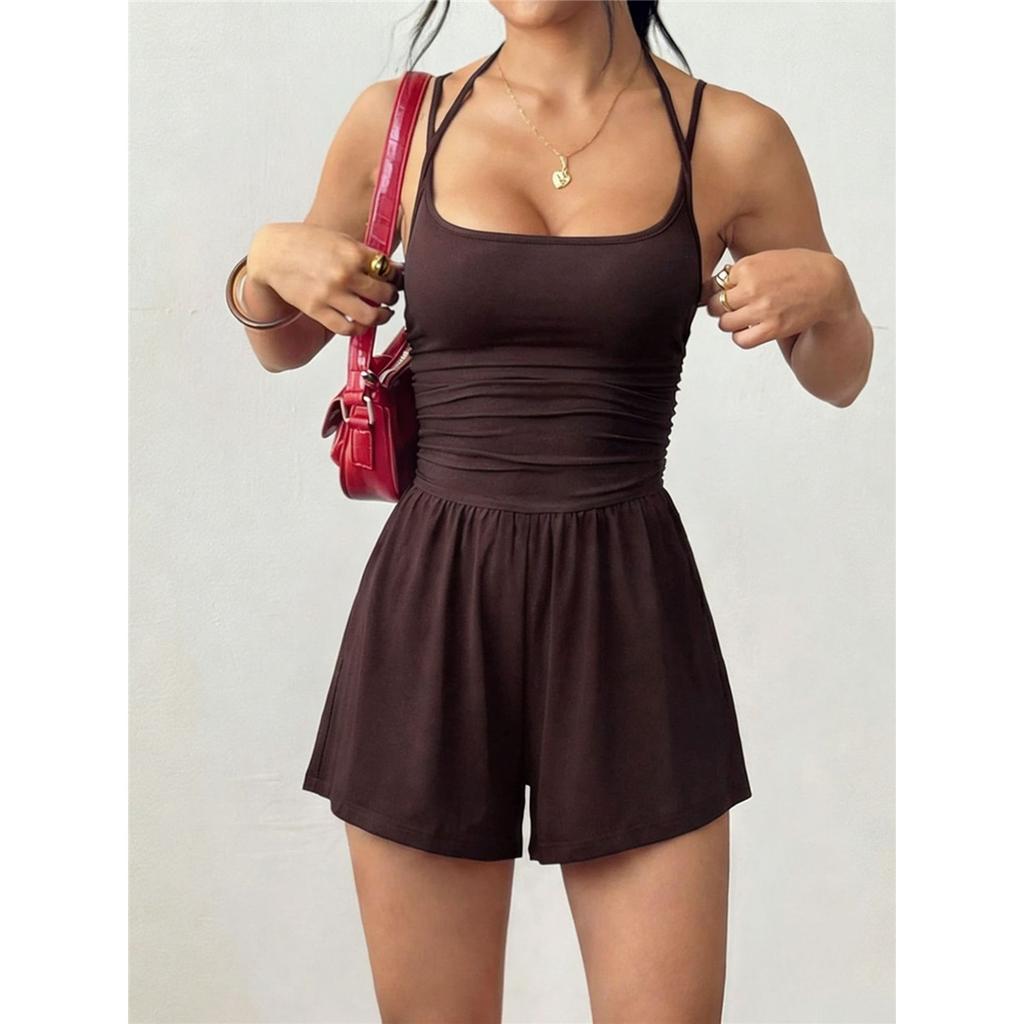 Women's Solid Color Sleeveless Halterneck Suspender Jumpsuit Pleated Waist Shorts