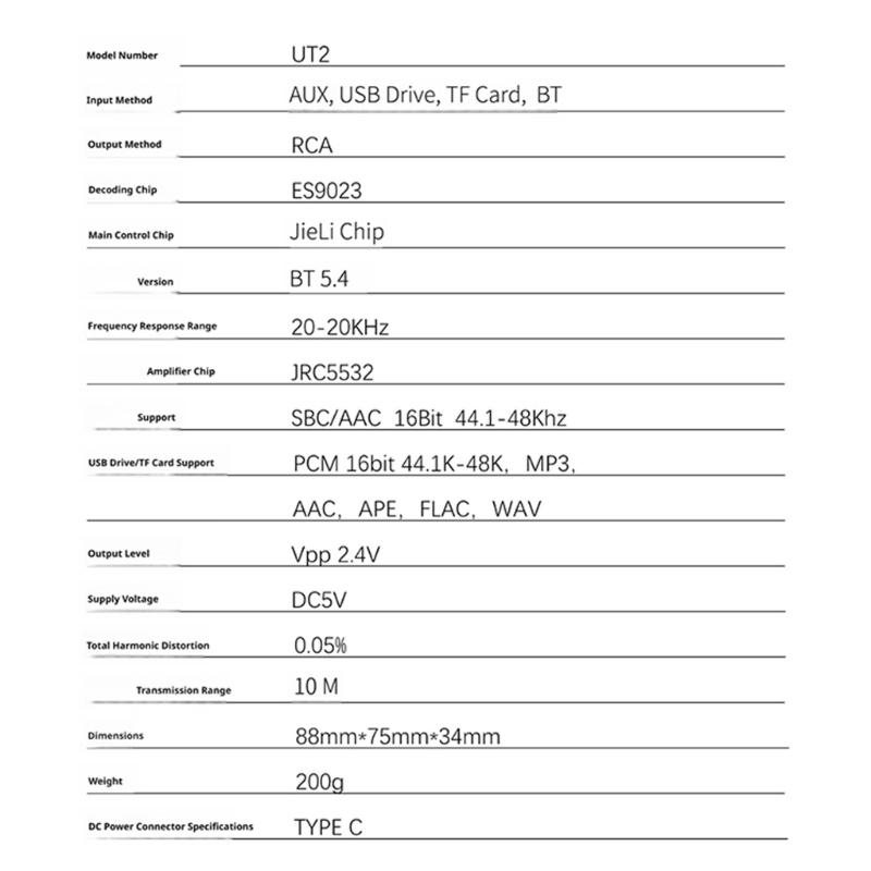 UT2 Hifi Bluetooth-compatible 5.4 Auditory Receiver ES9023 Decoding JRC5532 Amp Premium Sound USB Multi Media Player