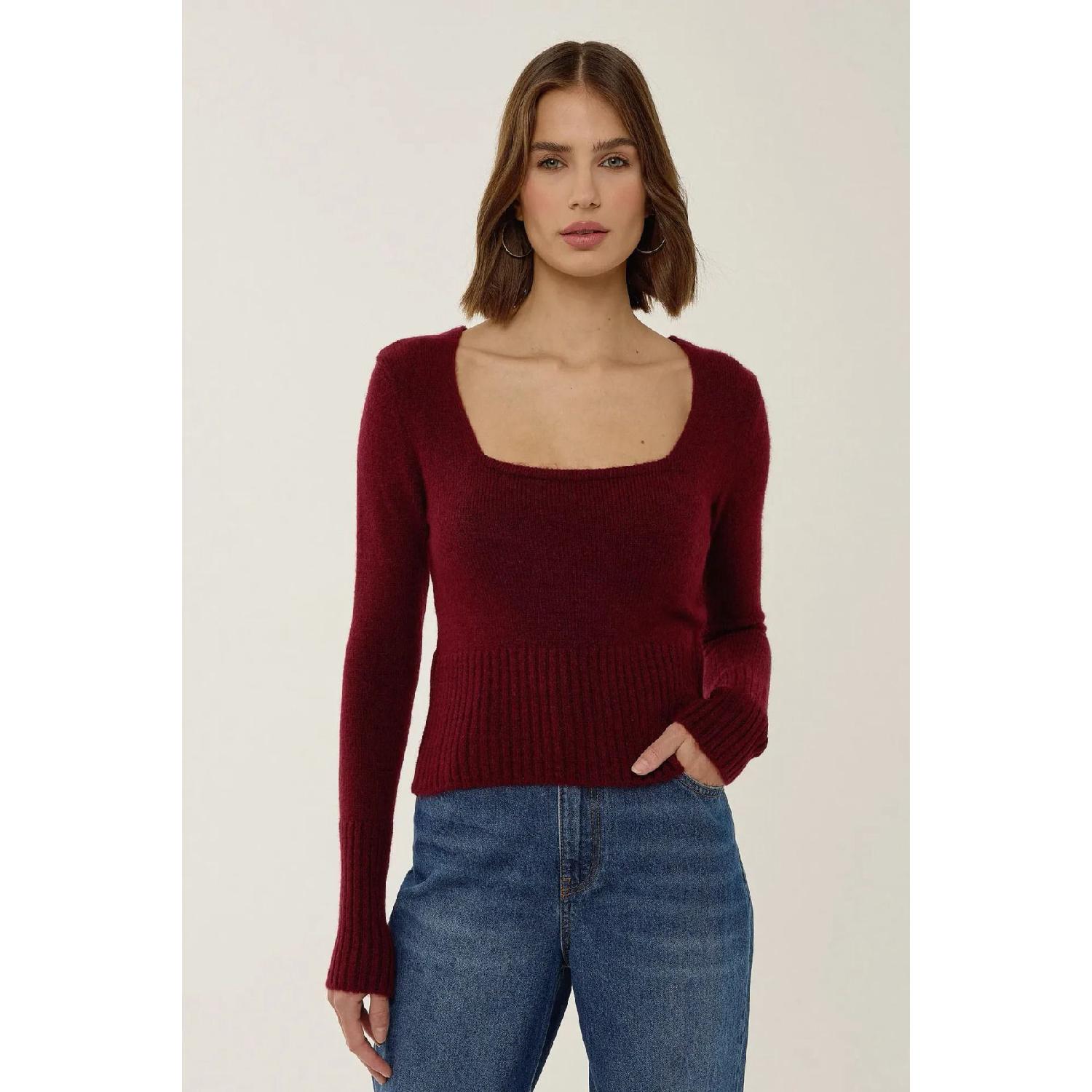 

Ribbed Detailed Square Neck Knitwear Sweater M бордовый