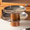 Stainless Steel High Foot Tray Wooden Base Fruit Display Plate New Dessert Plate  Home Decoration