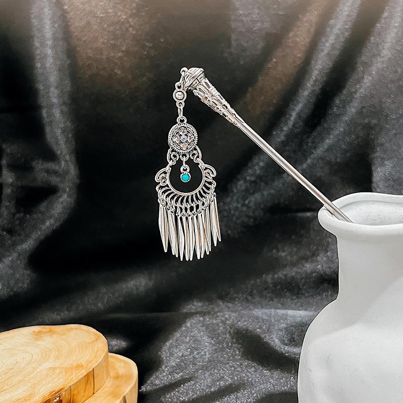 New Chinese Style National Tide Hairpin Minority Wind Hanfu Court Shaking Turquoise Hollow Flowers Tassel Hairpin