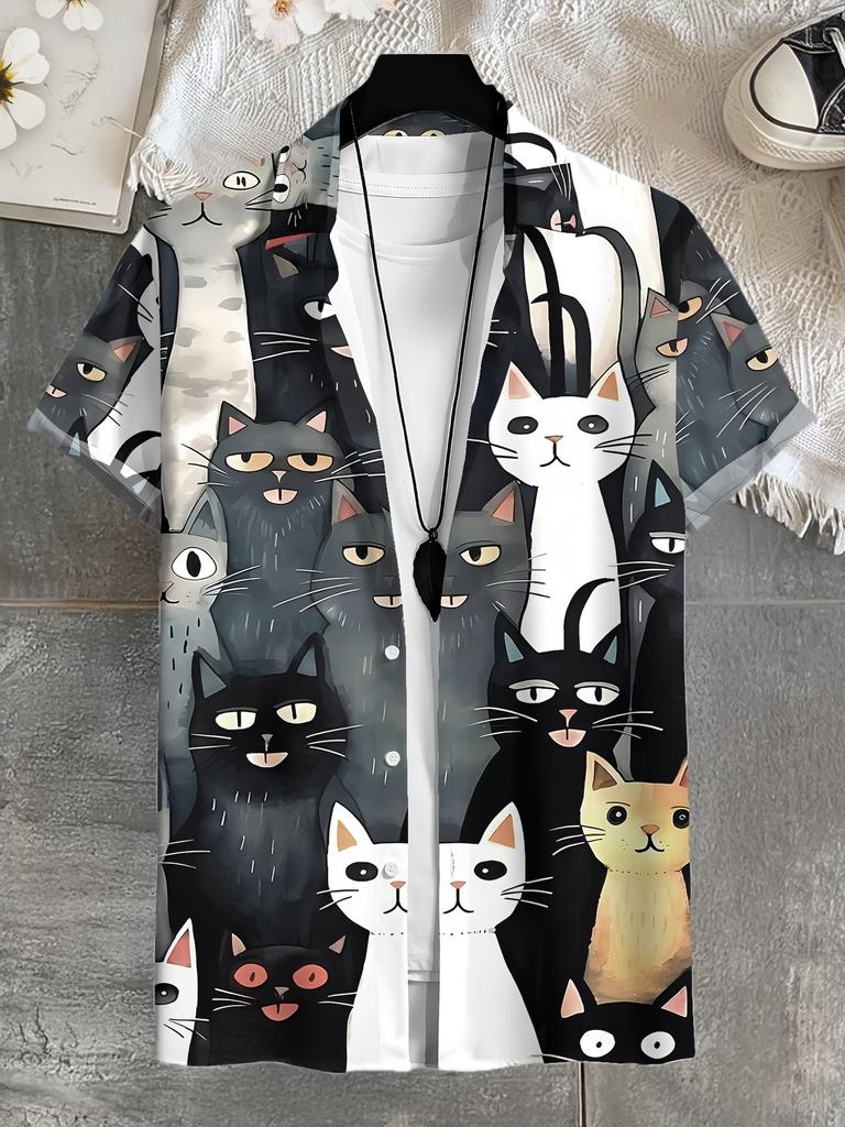 New Men'S Casual 3D Black Base Watercolor Cat Print Shirt
