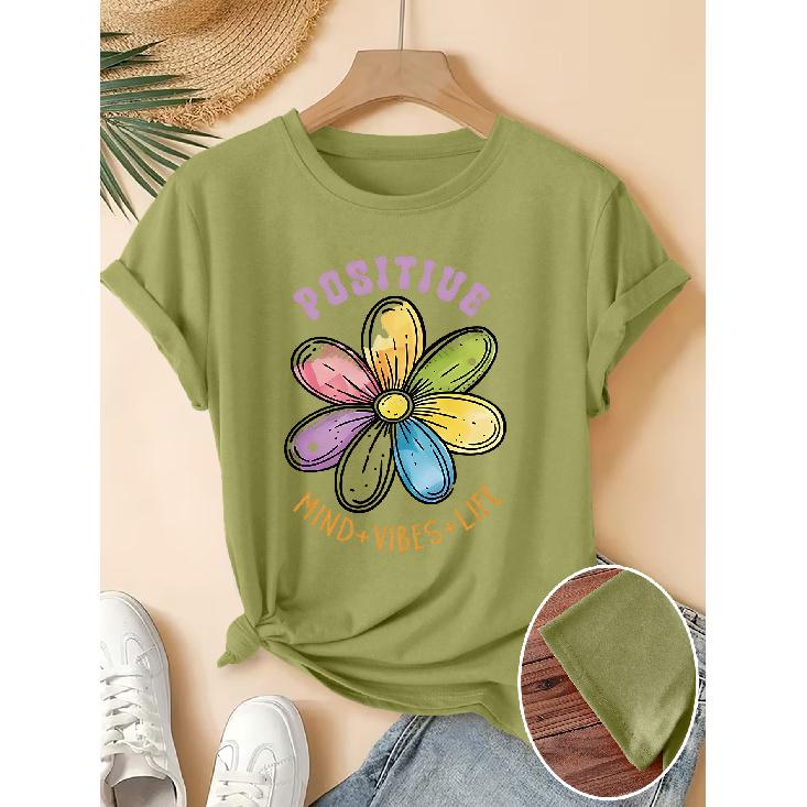 Women's Elegant Short-Sleeve Gift with Rainbow Daisy Positive Energy Quote Print Pattern and Vintage Round Neck T Fresh and Natural Style