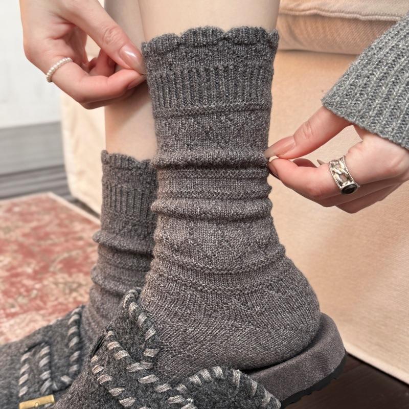White Lace Stockings - Children's Mid-length Stockings, Pile Stockings, Winter Thick and Warm Wool Stockings, Long Stockings