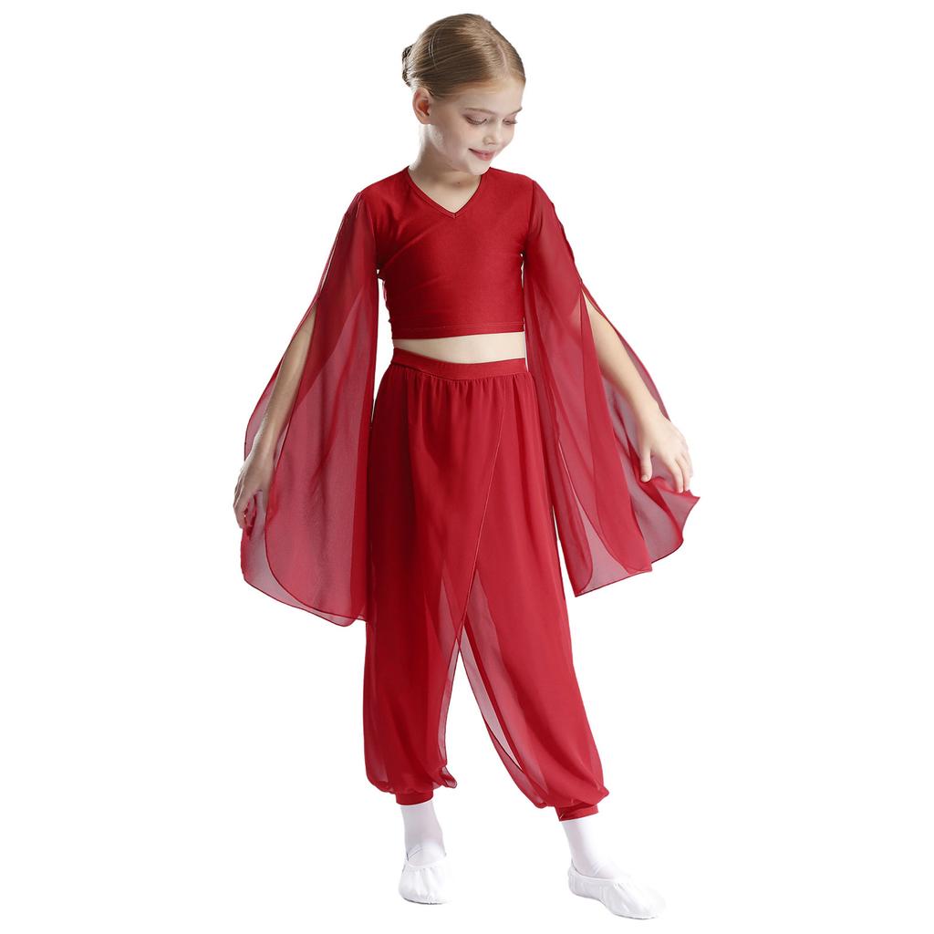 Girls Classical Dance Set V Neck Crop Top Flared Sleeves Design with Practice Pants Performance Outfit