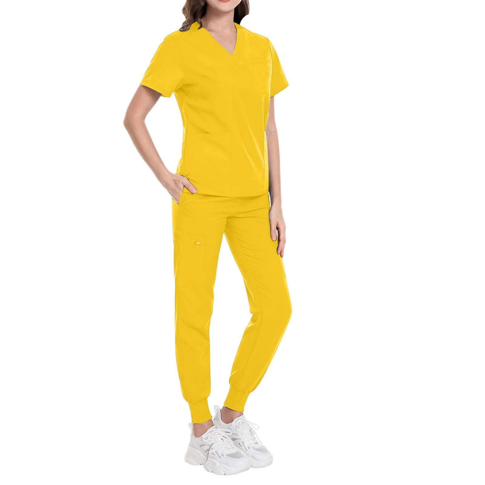 

Женский однотонный топ с короткими рукавами и круглым вырезом, карманы, брюки, рабочая одежда, комплект из двух предметов XS жёлтый