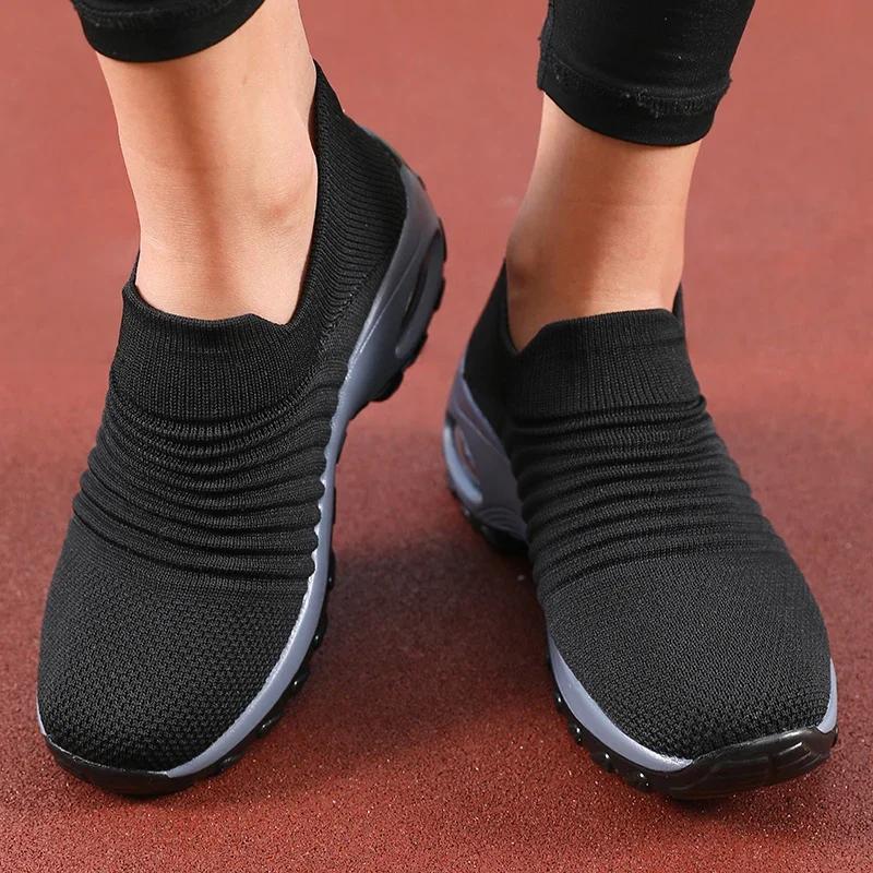 Women's Summer Slip on Shoes Black Sporty Casual Breathable Height Increasing Thick Soled Non Slip Comfortable New Walking Shoes