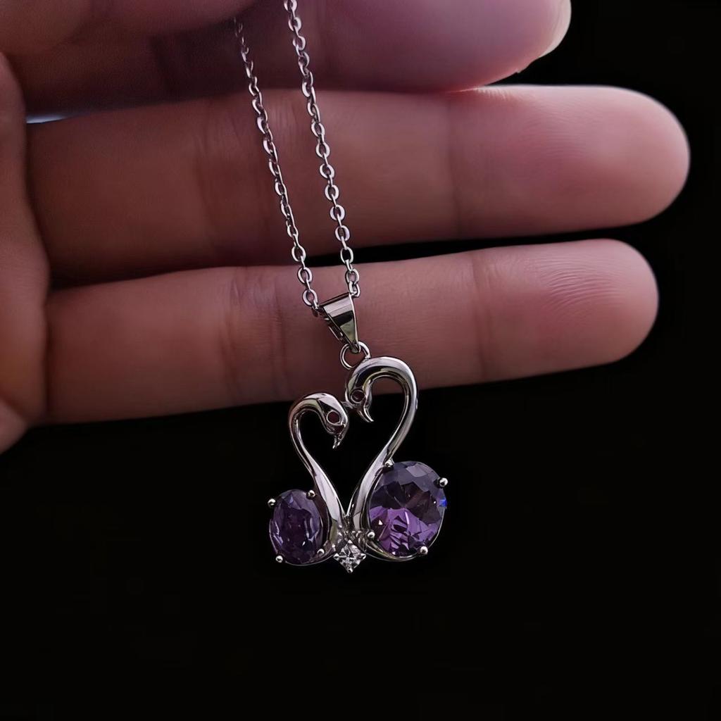 Accessories Imitation Coconut Round Pink Diamond Swan Love Necklace Women's Double Swan Zircon Pendant Clavicle Chain
