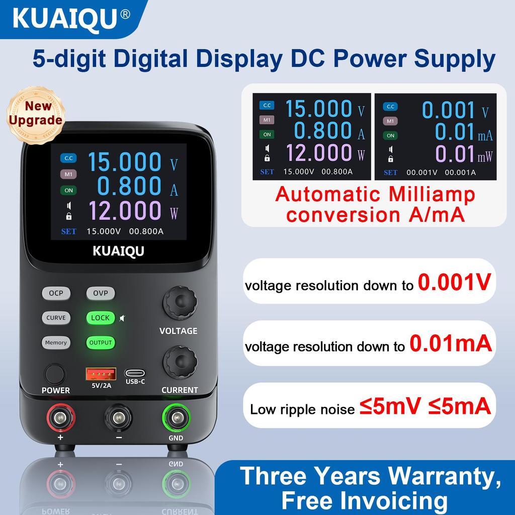 Regolatori di Tensione Variabili 0-30V 0-10A 300W, KUAIQU, Display TFT a 5 Cifre 0.01mA Visualizzazione Curva Tensione Corrente OCP OVP Per Rilevamento Consumo Energetico