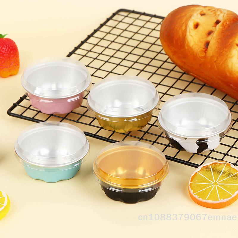 [ZYAS]50Pcs Round Baking Cups Aluminum Foil Wih Lids Reusable Cupcake Cups Desserts Flans Cake Pudding Jello Cups Kitchen Tools