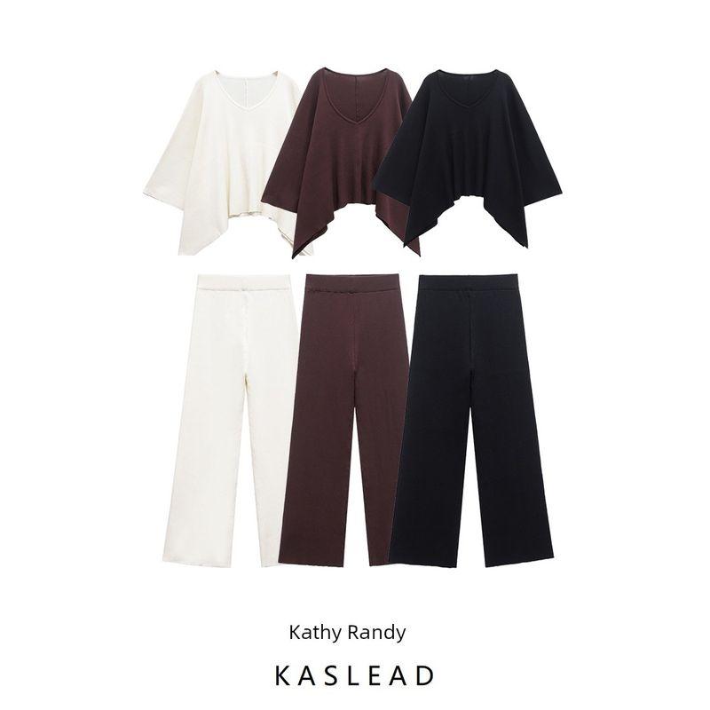 Kaslead New Arrival Women's Clothing Fashion Style Sunken Stripe Large V-neck Knitting Tops Casual Straight Trousers Suit