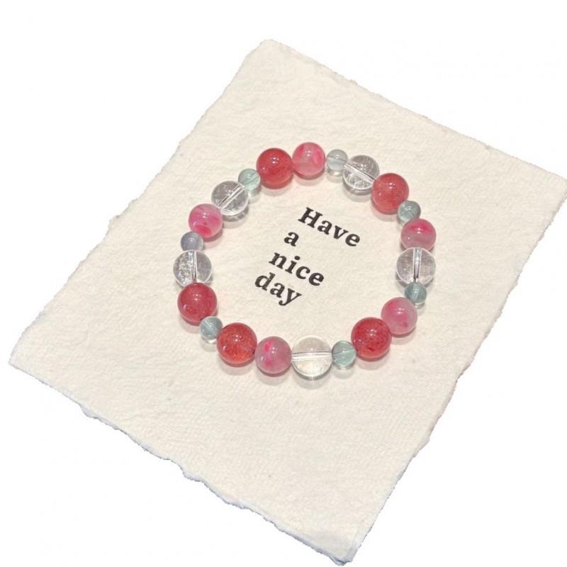 Natural Pink Strawberry Quartz Clear White Crystal Beaded Bracelet Women Handmade Single Circle 9mm
