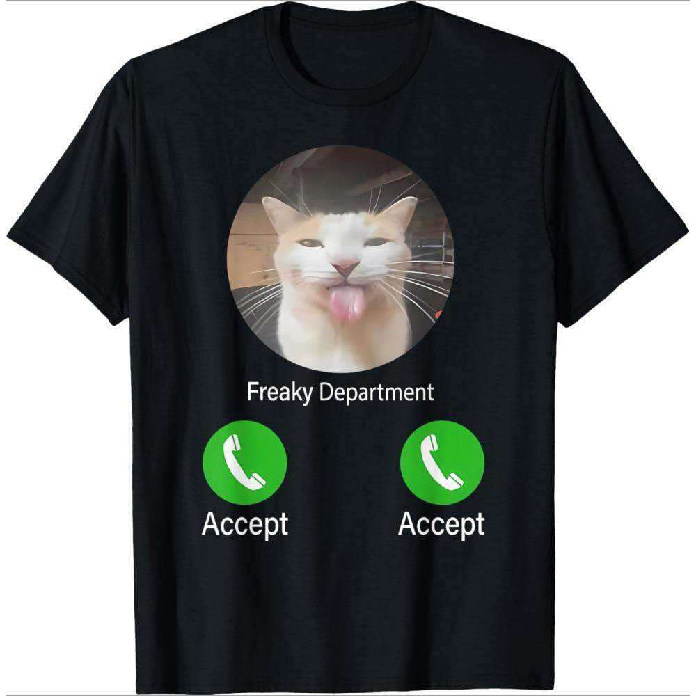 

Funny Cat Meme Black T-Shirt Call Buttons Tongue Out Cat Print Casual Versatile Short-Sleeved Women s Basic Crew Neck Top S