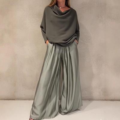 Elegant Satin Wide-Leg Pants and Off-the-Shoulder Top Set for Spring 2026