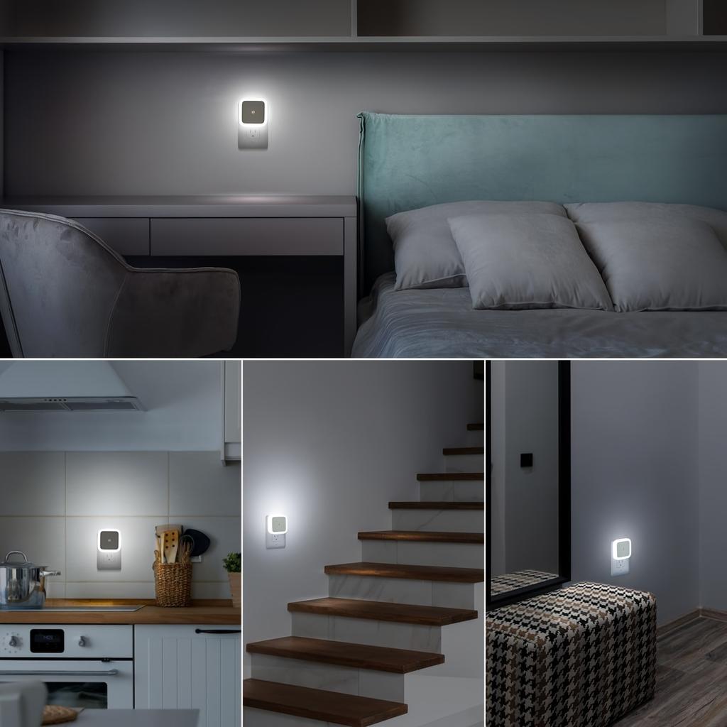 4pcs LED Plug-In Night Lights with Smart Sensor, Auto On/Off Nightlight for Bedroom, Kitchen, Stairs, Hallway & Bathroom
