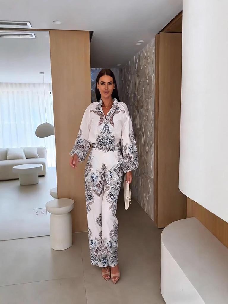 2026 European & American Versatile Linen Print Casual Long Pants Set