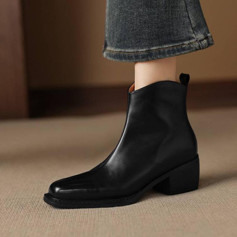 Neue Damen-Rindsleder vielseitige Martin Stiefel einfarbig Seitenreißverschluss Übergröße mittlerer Absatz Damenstiefel dicker Absatz Reißverschluss mittelhohe Stiefel