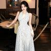 French retro polka dot white v-neck sleeveless neck dress sexy hottie beautiful waist a word long dress
