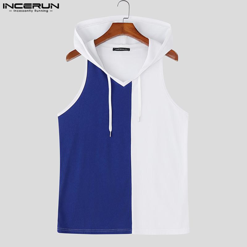 INCERUN Summer Men Sleeveless Stitching Sport Hooded Tank Tops