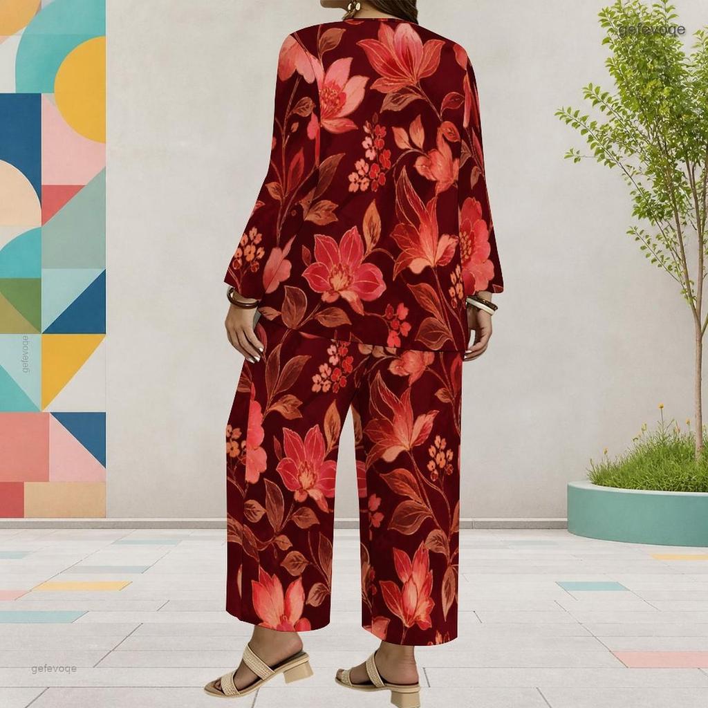 Women Plus Size Black Floral Printed Round Neck Long Sleeve Top Wide Leg Cropped Pants Two Piece Set